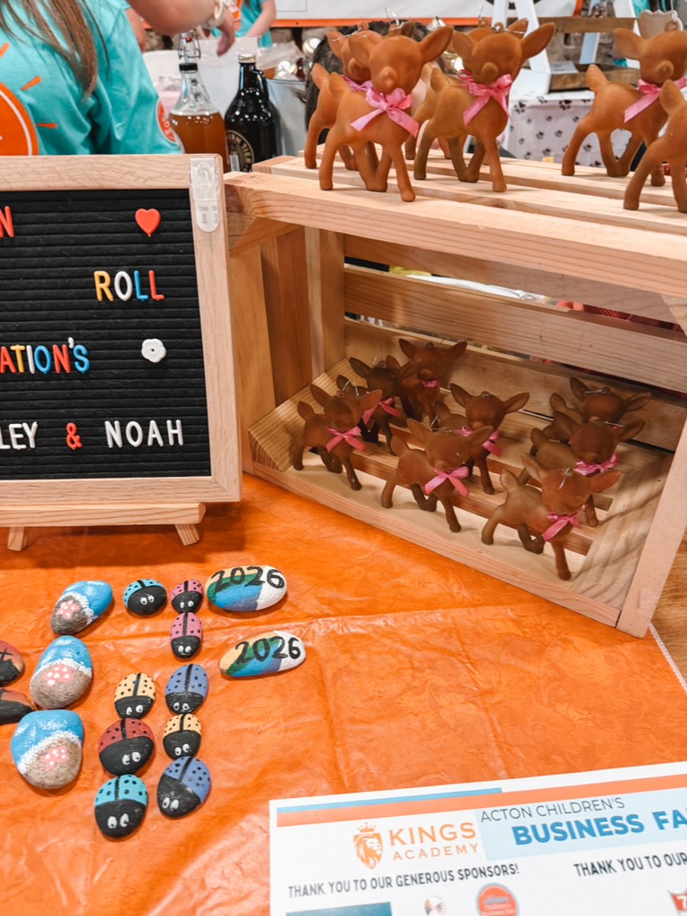 Handmade crafts and painted rocks on display